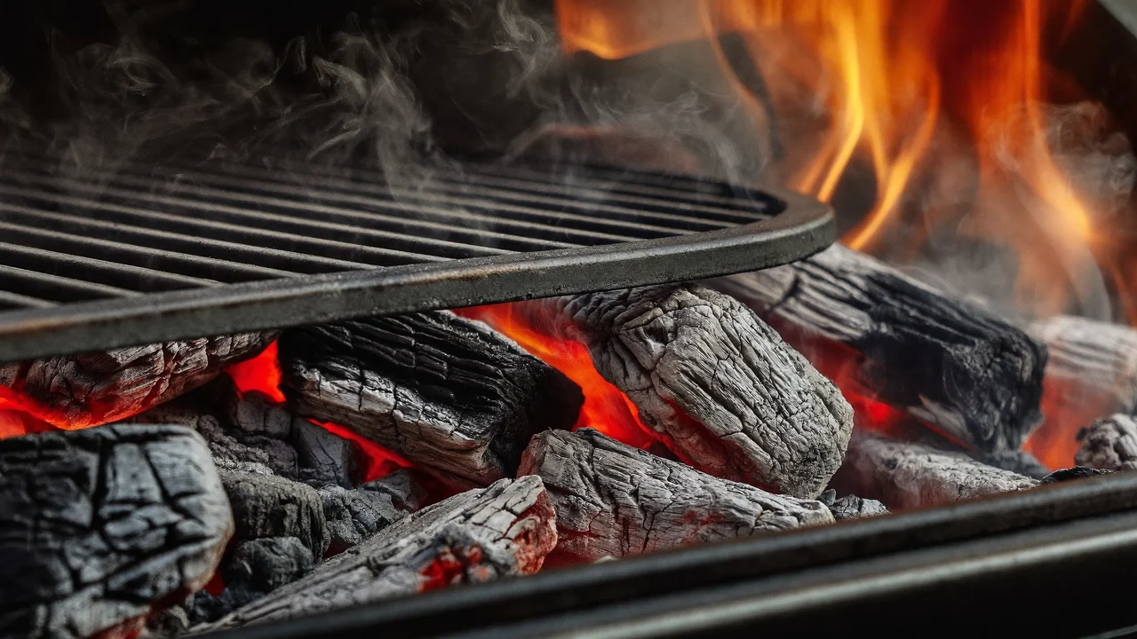 Nahaufnahme glühender Glut und Asche im Grill mit scharfem Rand eines geschwärzten Rosts